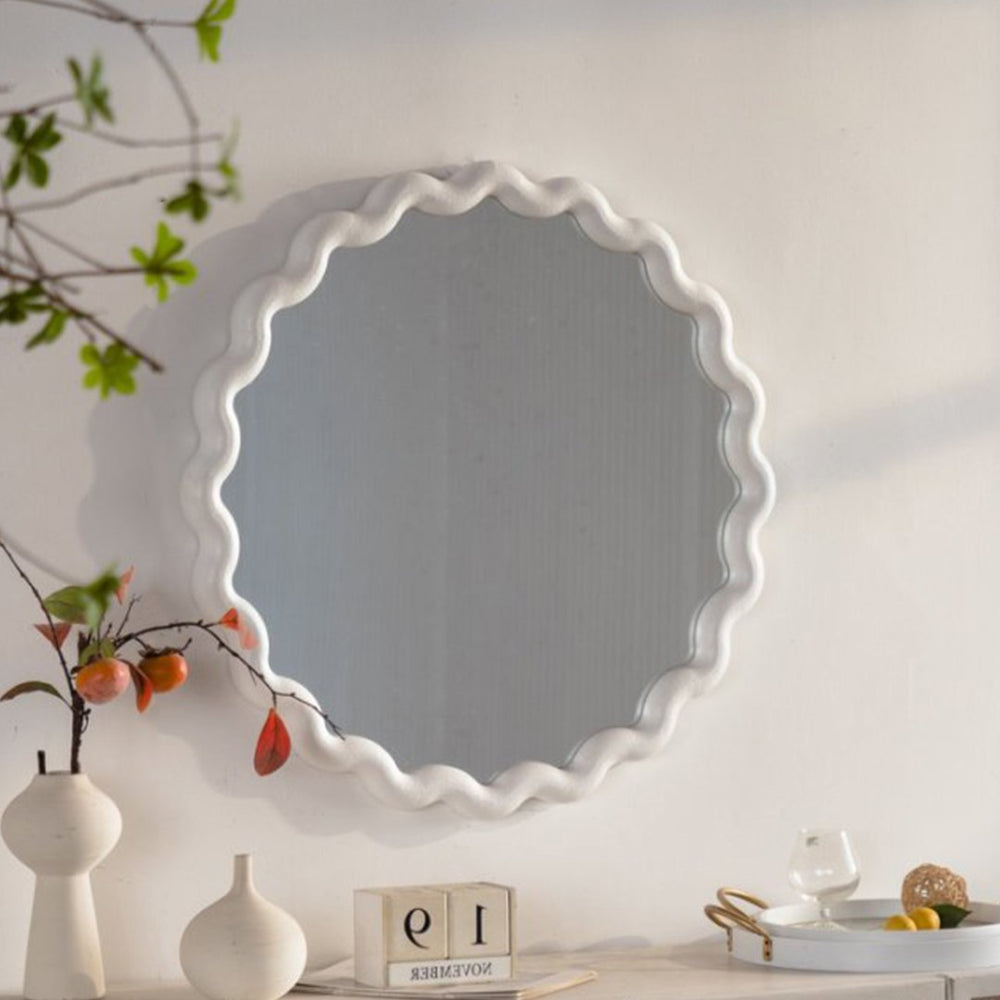English Elm White Matte Scalloped Round Mirror Petal Wavy Frame for Bedroom or Bathroom W3081P391521