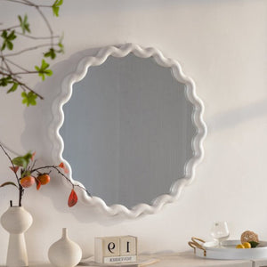 English Elm White Matte Scalloped Round Mirror Petal Wavy Frame for Bedroom or Bathroom W3081P391521