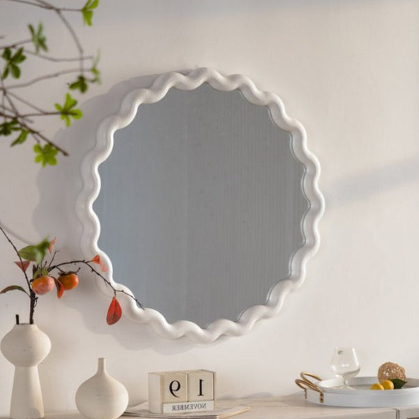 English Elm White Matte Scalloped Round Mirror Petal Wavy Frame for Bedroom or Bathroom W3081P391521