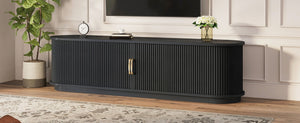 English Elm Vintage Farmhouse Media Console with Slatted Sliding Doors and Brass Hardware for Living Room Black N721P427206B