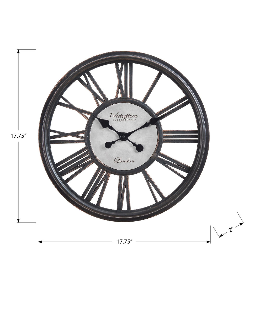 English Elm Clocks, 18" Antique Black Wall Clock With Skeleton Face & Roman Numerals For Timeless Elegance B2710P287101