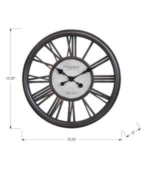 English Elm Clocks, 18" Antique Black Wall Clock With Skeleton Face & Roman Numerals For Timeless Elegance B2710P287101