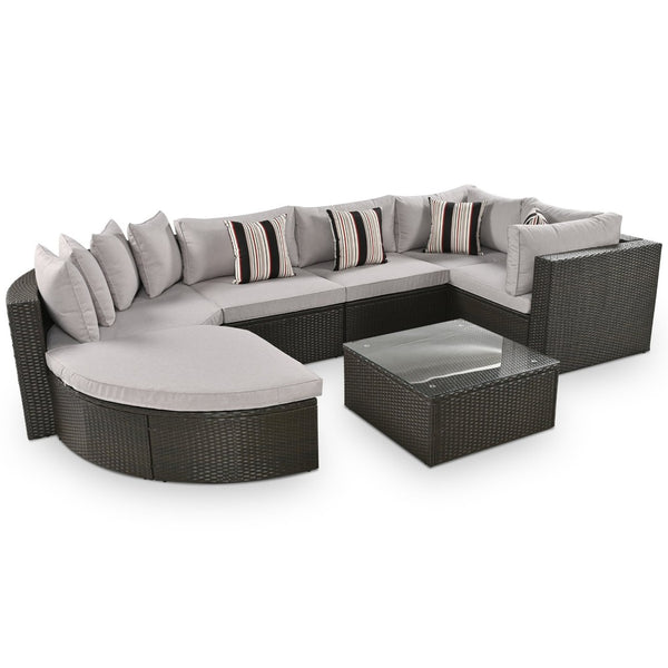 English Elm Go 7 Piece Outdoor Pe Wicker Sectional Set with Steel Frame and Striped Accent Pillows Brown FG201212AAA