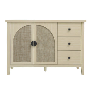 English Elm Rattan 2 Door 3 Drawer Cabinet with Adjustable Shelves, Anti-Slip Mats & Smooth Slide Rails W688P223037