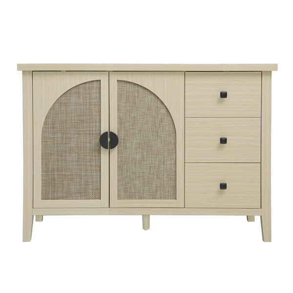 English Elm Rattan 2 Door 3 Drawer Cabinet with Adjustable Shelves, Anti-Slip Mats & Smooth Slide Rails W688P223037