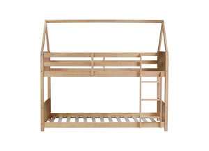 English Elm Twin House Floor Bunk Bed – Charming Rubberwood Design With Safety Guardrails, Ladder & White Oak Finish W504P227973-GIGA