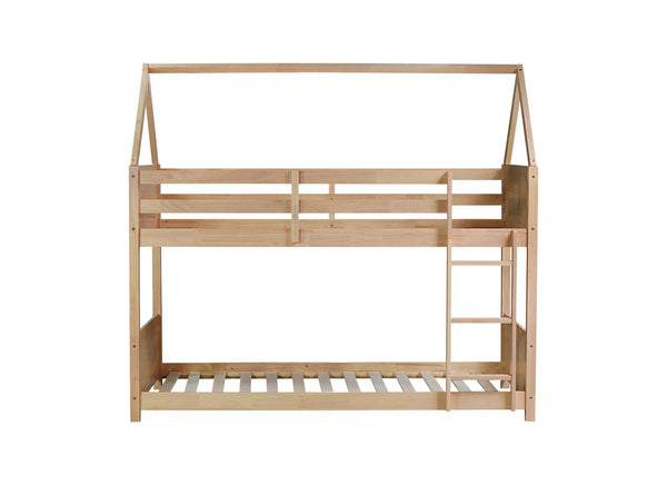 English Elm Twin House Floor Bunk Bed – Charming Rubberwood Design With Safety Guardrails, Ladder & White Oak Finish W504P227973-GIGA