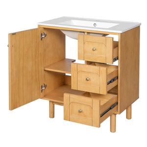English Elm 30 Inch Bathroom Vanity with Ceramic Sink, Grey Farmhouse Cabinet w/3 Soft-Close Drawers & Storage N710P333972P