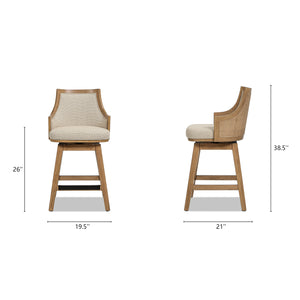 English Elm Jennifer Taylor Home - Bahama 26" Cane Rattan High-Back Swivel Counter Stool – Eco Rubberwood, Handcrafted, Taupe Beige Upholstery B2719P238393