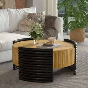 English Elm 31.50" Round Flip-top Storage Coffee Table Fluted Mdf Base for Modern Living Rooms Wood W757P383553