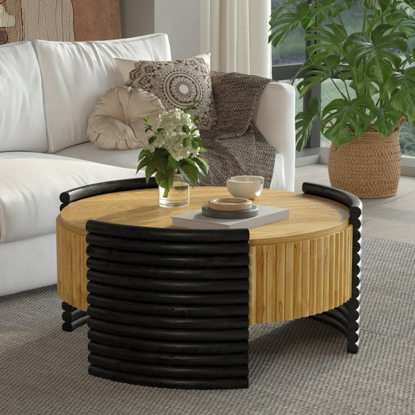 English Elm 31.50" Round Flip-top Storage Coffee Table Fluted Mdf Base for Modern Living Rooms Wood W757P383553