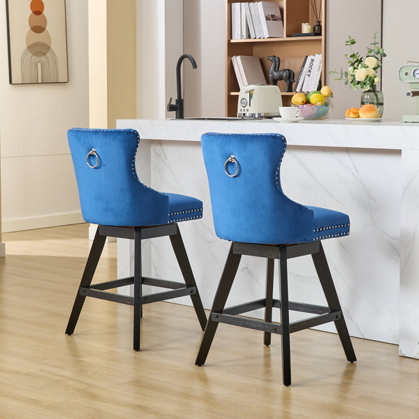 English Elm Swivel Velvet Barstool with Tufted Back, 360° Swivel, Plush Foam & Steel Spring Seat, Sturdy Wood Frame (Set of 2) Blue W1143P241331