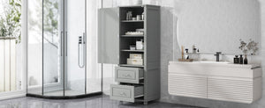 English Elm Tall Freestanding Bathroom Cabinet Two Drawers Adjustable Shelves Matte Mdf Storage Grey N725P407739E