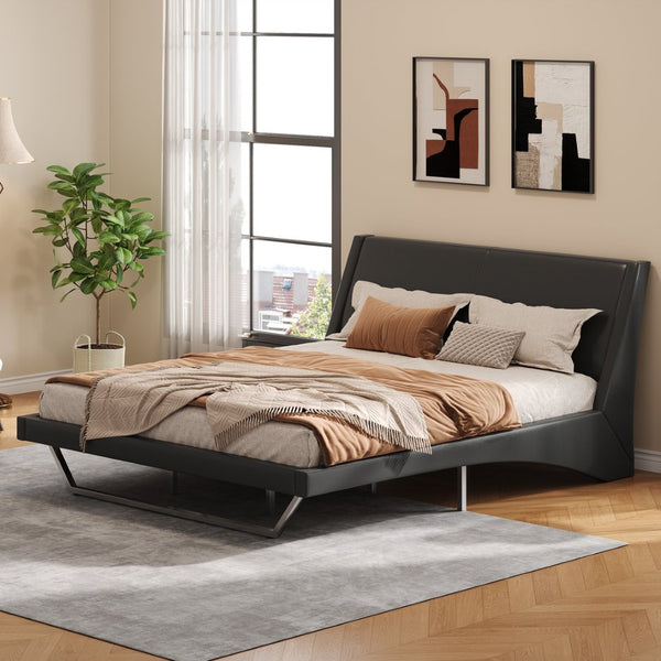English Elm Queen Pu Leather Platform Bed Sculptural Wave Base Floating Silhouette Modern Bedroom Black N761S0000032B