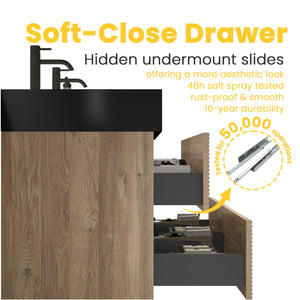 English Elm 30' Mid-Century Wall-Mounted Vanity with Oak-Tone Walnut Finish, Extra Storage & Soft-Close Drawers Oak W1865S00165