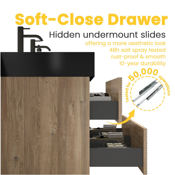 English Elm 30' Mid-Century Wall-Mounted Vanity with Oak-Tone Walnut Finish, Extra Storage & Soft-Close Drawers Oak W1865S00165