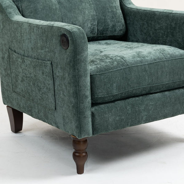 English Elm Accent Comfy chenille chair with USB charging, ergonomic wide back, high-rebound sponge, retro wooden legs Dark Green W2715P312490