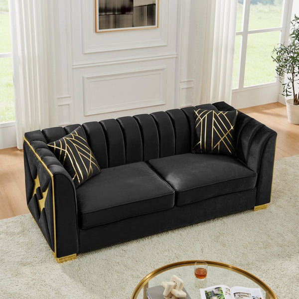 English Elm 81" Tufted Velvet Chesterfield Sofa with Gold Steel Legs for Elegant Living Rooms Black W1191S00063
