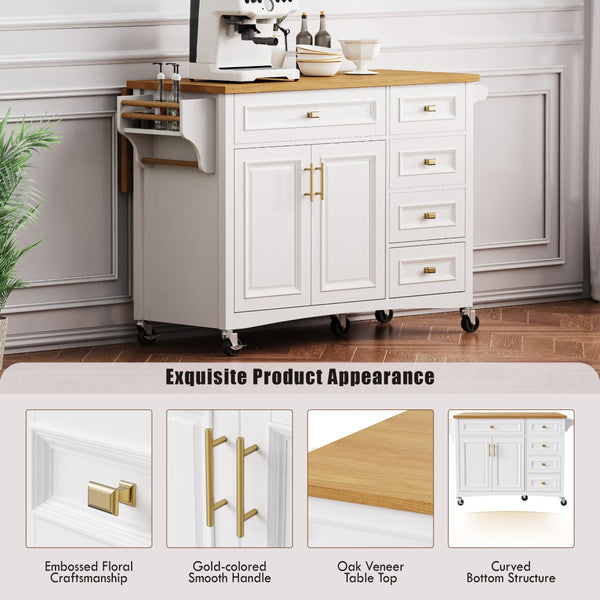English Elm K&k Farmhouse Rolling Kitchen Island Oak Veneer Top with Drop Leaf and Storage Drawers White N707S195393W