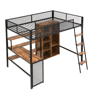 English Elm Full Full Size Metal Loft Bed with Built-In Desk, Wardrobe & Shelves in Black — Space-Saving, Sturdy Design (Fits 6" Mattress) GX001134AAB