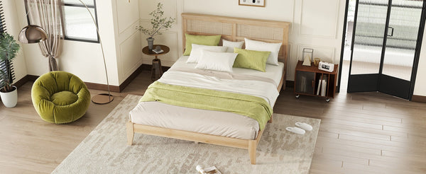 English Elm Queen Size Solid Rubberwood Bed With Rattan Headboard – Durable, Stylish & Space-Saving Design! W504P184305-GIGA