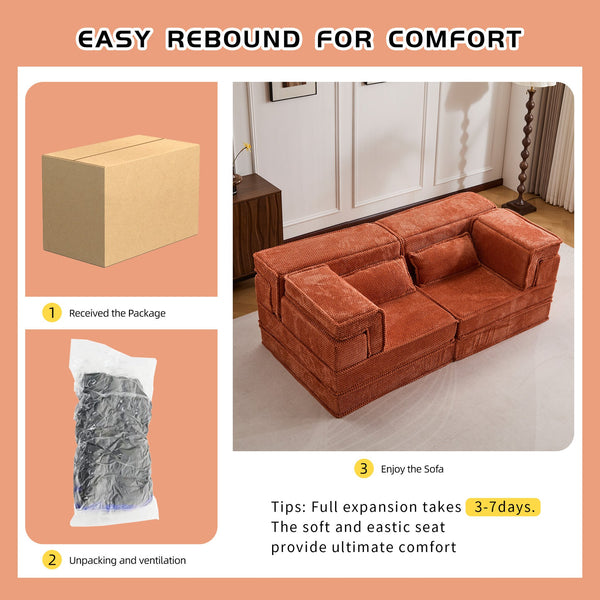 English Elm Compression Mahjong Sofa - Versatile Modular Floor Sofa Bed In Orange, Plush Memory Foam Comfort W3723P377144