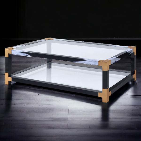 English Elm Lafty Modern Clear Tempered Glass Coffee Table with White Brushed Metal Legs, Open Shelf Storage, Sleek Design B2726P256354