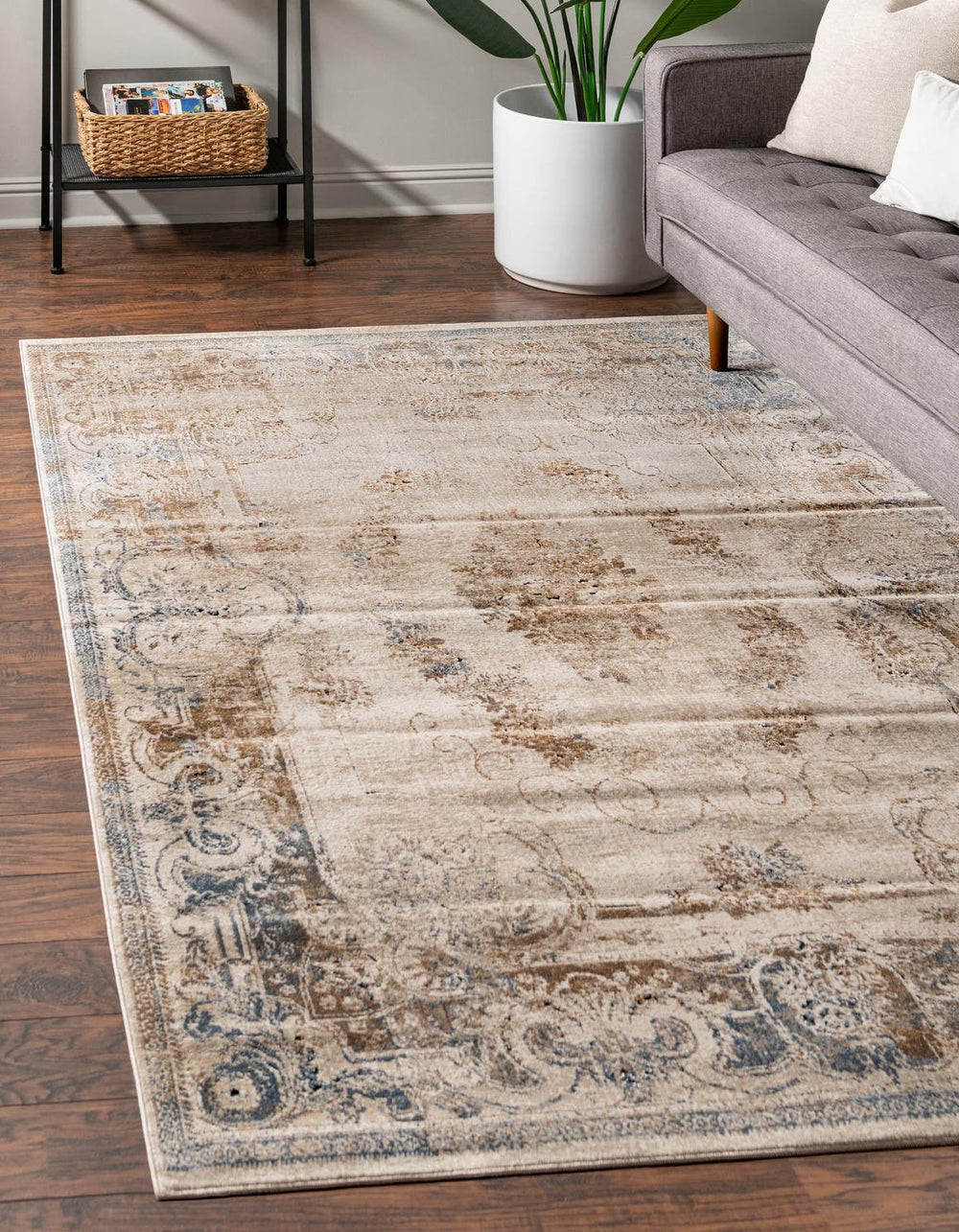 Unique Loom Chateau Lincoln Machine Made Border Rug Blue Cream, Brown/Gray/Beige 10' 0" x 14' 5"