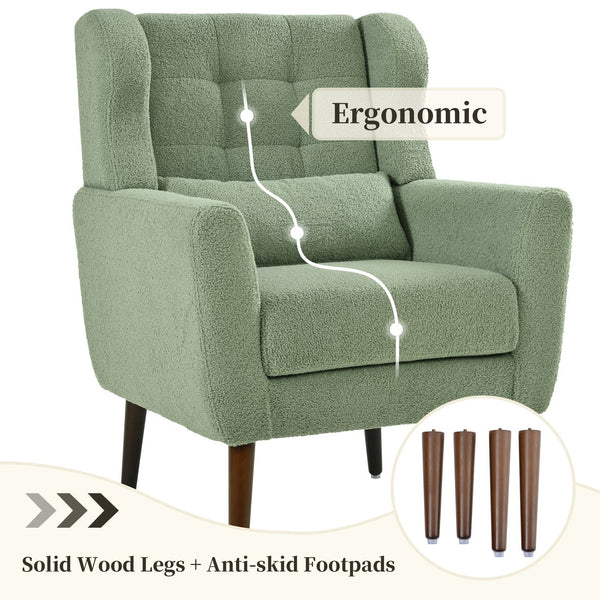 English Elm Modern Accent Chair Upholstered Armchair with Chenille Fabric, Ergonomic Padded Seat, Wood Legs for Living Room Seating Comfort and Stylish Mid Century Flair Light Green W1028P236473