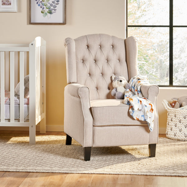 English Elm Christopher Knight Home® - Pushback Tufted Recliner Chair in Beige Fabric with Wingback Design, Birch Legs, Contemporary Comfort and Style 68629.00