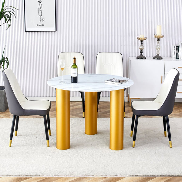 English Elm Round white dining table with faux marble top, gold MDF legs, seats 4, easy-clean, quick assembly W1151S00812