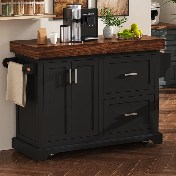 English Elm K&k Rolling Kitchen Island with Walnut Grain Countertop Drawers and Spice Rack Black N707S000025B