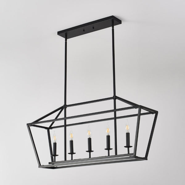 English Elm 5-light Industrial Farmhouse Chandelier Matte Black Metal Linear Pendant for Kitchen Island W5008P465021