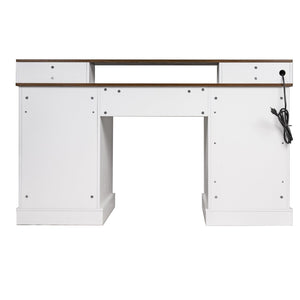 English Elm 59" Fluted Oak L-shaped Corner Desk with Charging Station Monitor Stand and File Storage White W2917S00006