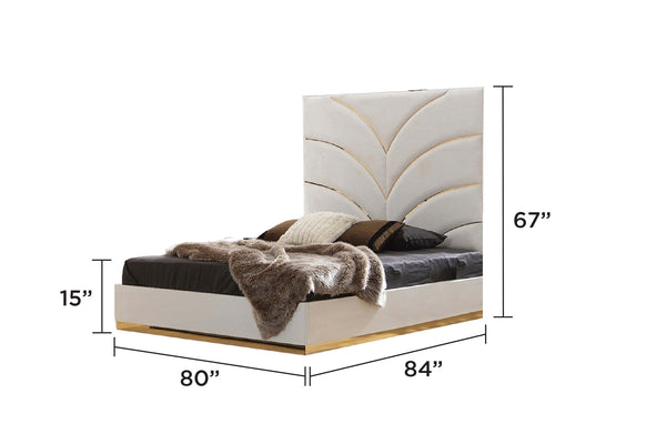 English Elm Laura King White Velvet Upholstered Platform Bed with Gold Geometric Accents, Tufted Headboard Elegance B009S00903