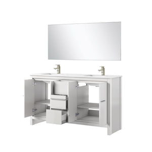 English Elm White Double Bath Vanity Set With Quartz Top, Brushed Nickel Faucet & 55" Mirror For Modern Spaces B2731S01734-GIGA