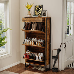 English Elm Shoe Cabinet Slim 3-Flip Drawers with Top Drawer and Metal Handles, Rustic Brown Entryway Organizer W2948P245242
