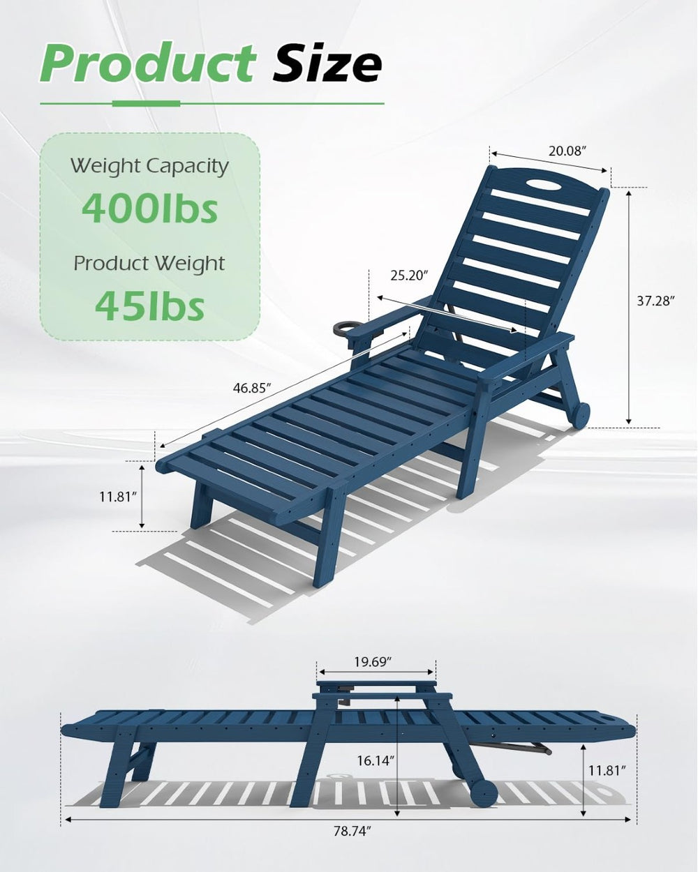 English Elm Patio Hdpe Chaise Lounge Outdoor Reclining Poolside Chair with Built-in Cup Holder Blue W1859P478592