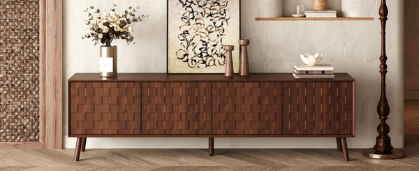 English Elm 70 Inch Fluted Entertainment Center Walnut Finish Solid Wood Legs Soft Close Storage N710P372582P