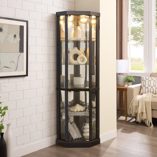 English Elm Lighted Corner Curio Cabinet - Stunning Display Case With Built-In Lighting For Antiques & Wine Storage W1758P300102