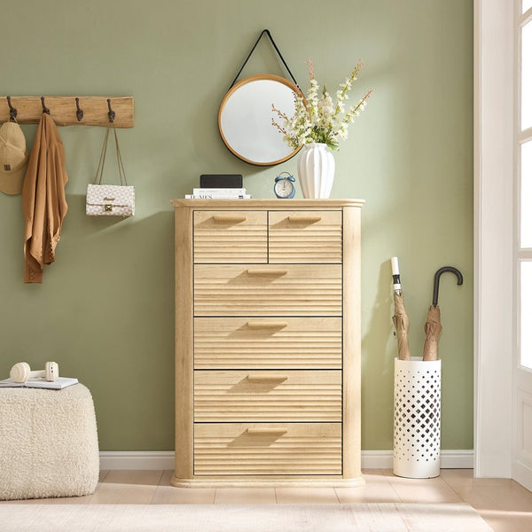 English Elm 6 Drawer Tall Fluted Chest with Waveform Fronts Slim Wooden Storage for Modern Bedroom Oak T5326P425103