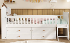 English Elm Twin Bed Frame with Storage Drawers and House Headboard, Kids Platform Bed with Guardrail Ladder and Shelf White 49.3 L x 16.25 W x 7.75 H N733S278032K