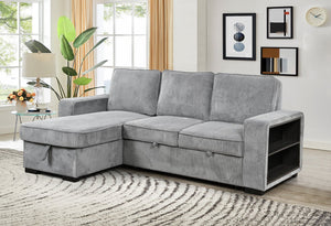 English Elm Modern Pull Out Sofa Bed with Storage Chaise, Convertible L-Shaped Sectional with USB Port and Cup Holder for Living Room — Comfortable Sleeper for Guests Light Gray W1417S00116