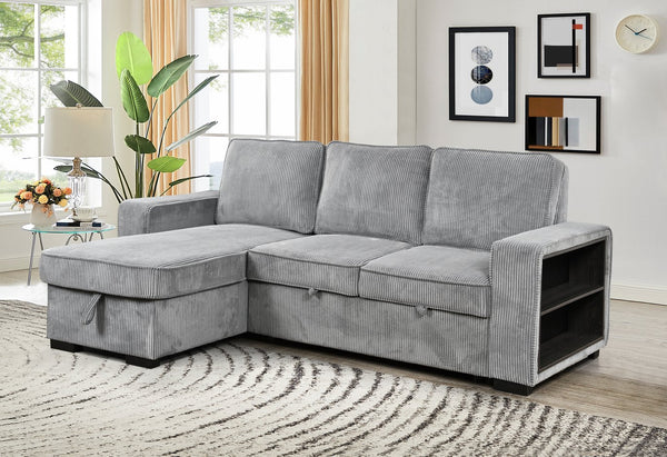 English Elm Modern Pull Out Sofa Bed with Storage Chaise, Convertible L-Shaped Sectional with USB Port and Cup Holder for Living Room — Comfortable Sleeper for Guests Light Gray W1417S00116