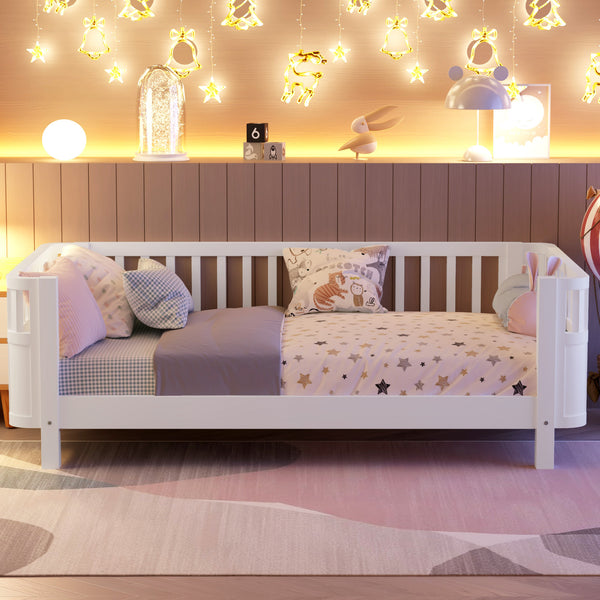 English Elm Twin Solid Wood Platform Bed for Kids with Safety Rail Rust‑Resistant Sturdy Pine Frame, 250lb Capacity White 69.48 L x 17.91 W x 7.48 H W2593P190148