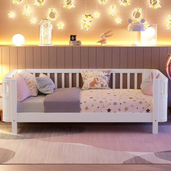 English Elm Twin Low Profile Pine Wood Kids Bed with Safety Rails and Fence Style Headboard W2593P367041