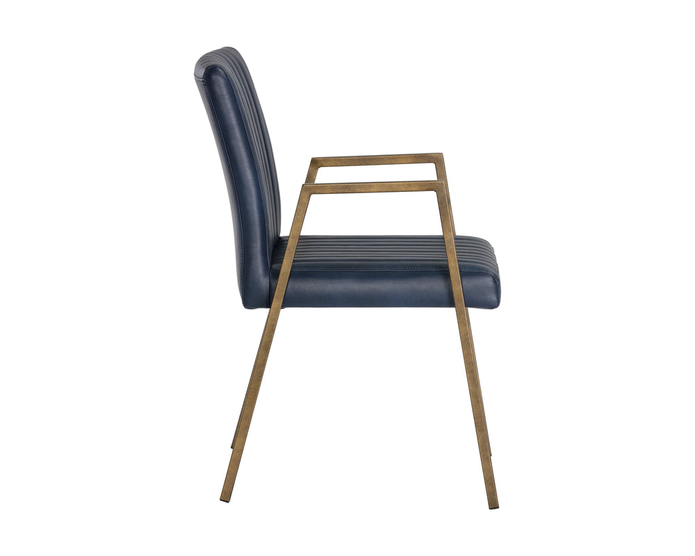 Sunpan Homer Dining Armchair - Stylish Industrial Design with Antique Brass Frame and Bold Channel Stitching Bravo Admiral
