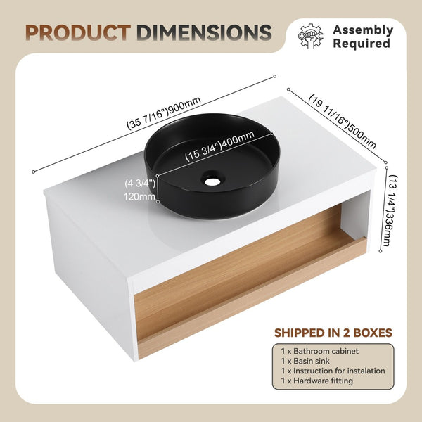 English Elm 36" Floating Bathroom Vanity Light Oak Modular Cabinet with Gel Coat Integrated Sink Black,White + Light Oak W3450S00062
