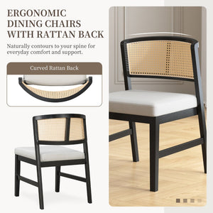 English Elm Rattan Back Armless Dining Chairs Upholstered Seat Rubberwood Frame Kitchen Set of 2 Black+Beige N842P400687B