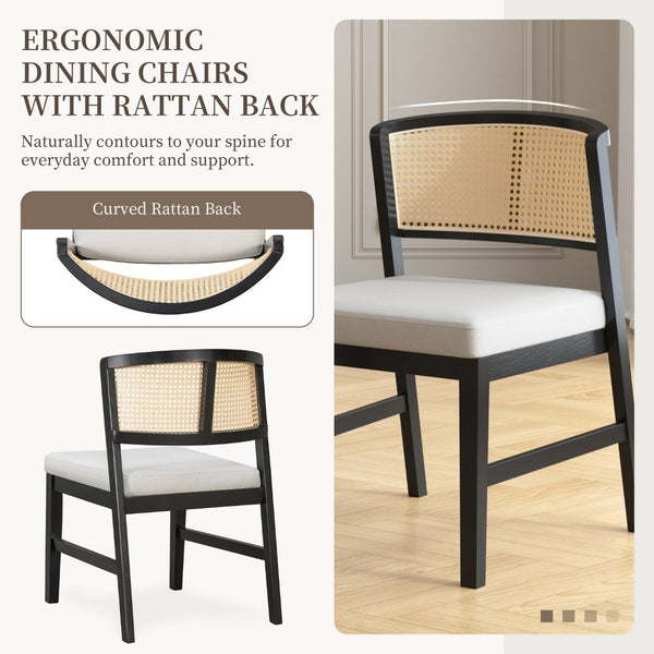 English Elm Rattan Back Armless Dining Chairs Upholstered Seat Rubberwood Frame Kitchen Set of 2 Black+Beige N842P400687B